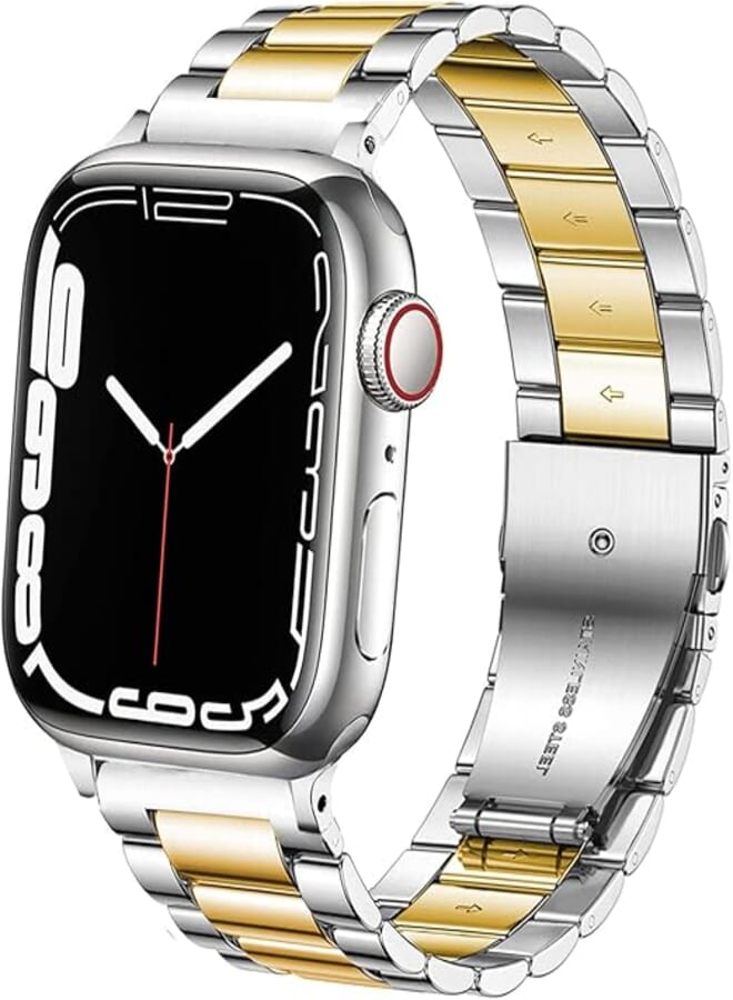 DEALELE Bands Compatible with iWatch 42mm 44mm 45mm 49mm, Solid Stainless Steel Metal Replacement Strap for Apple Watch Series 9/8 / 7/6 / 5/4 / 3 / SE/Ultra Women Men (Silver/Gold)